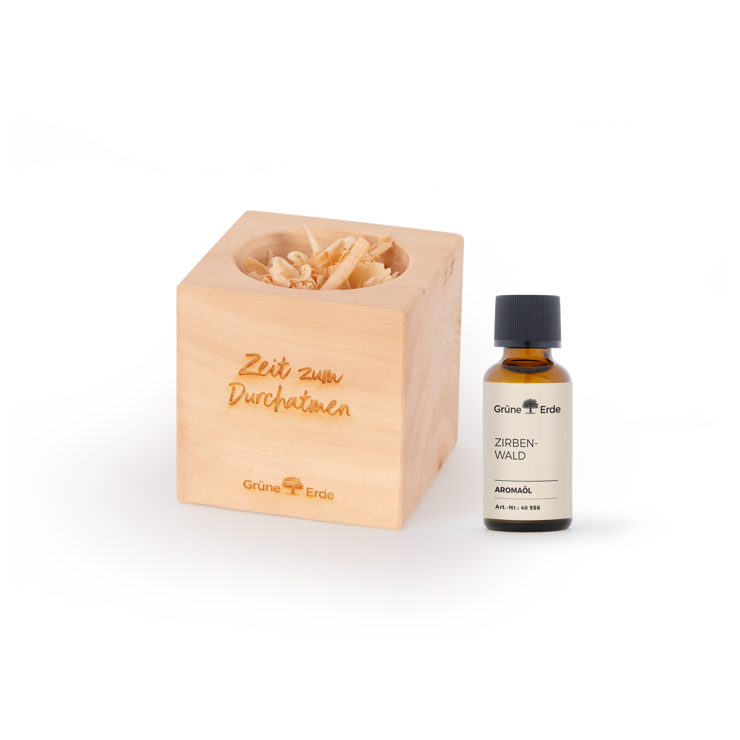 Set: Zirbenwürfel "Zeit zum Durchatmen" mit Zirbenflocken + Zirbenwald Öl
