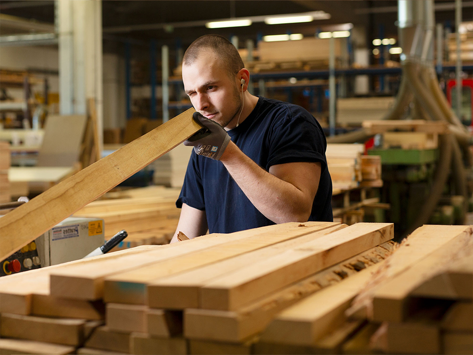 Mann bei Ansicht von Holzbrettern