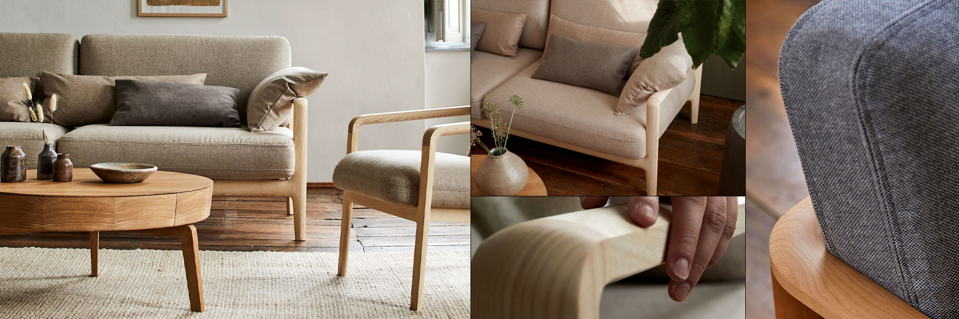 Collage unterschiedlicher Ansichten der Couch Linera im Wohnzimmer