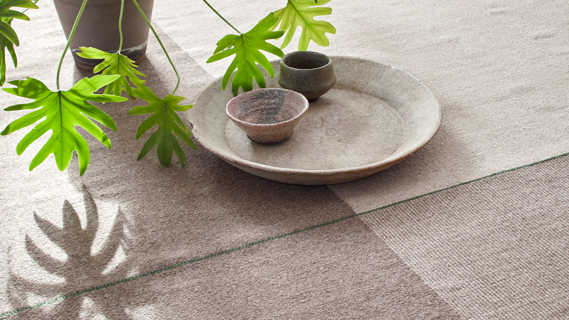 Vase mit Pflanze und Schale stehen auf Teppich