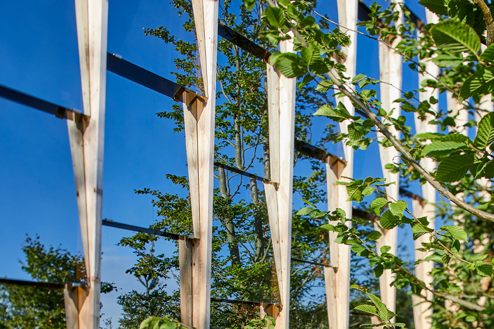 Glasfassade mit Holzstreben und spiegelnden Bäumen im Grünen