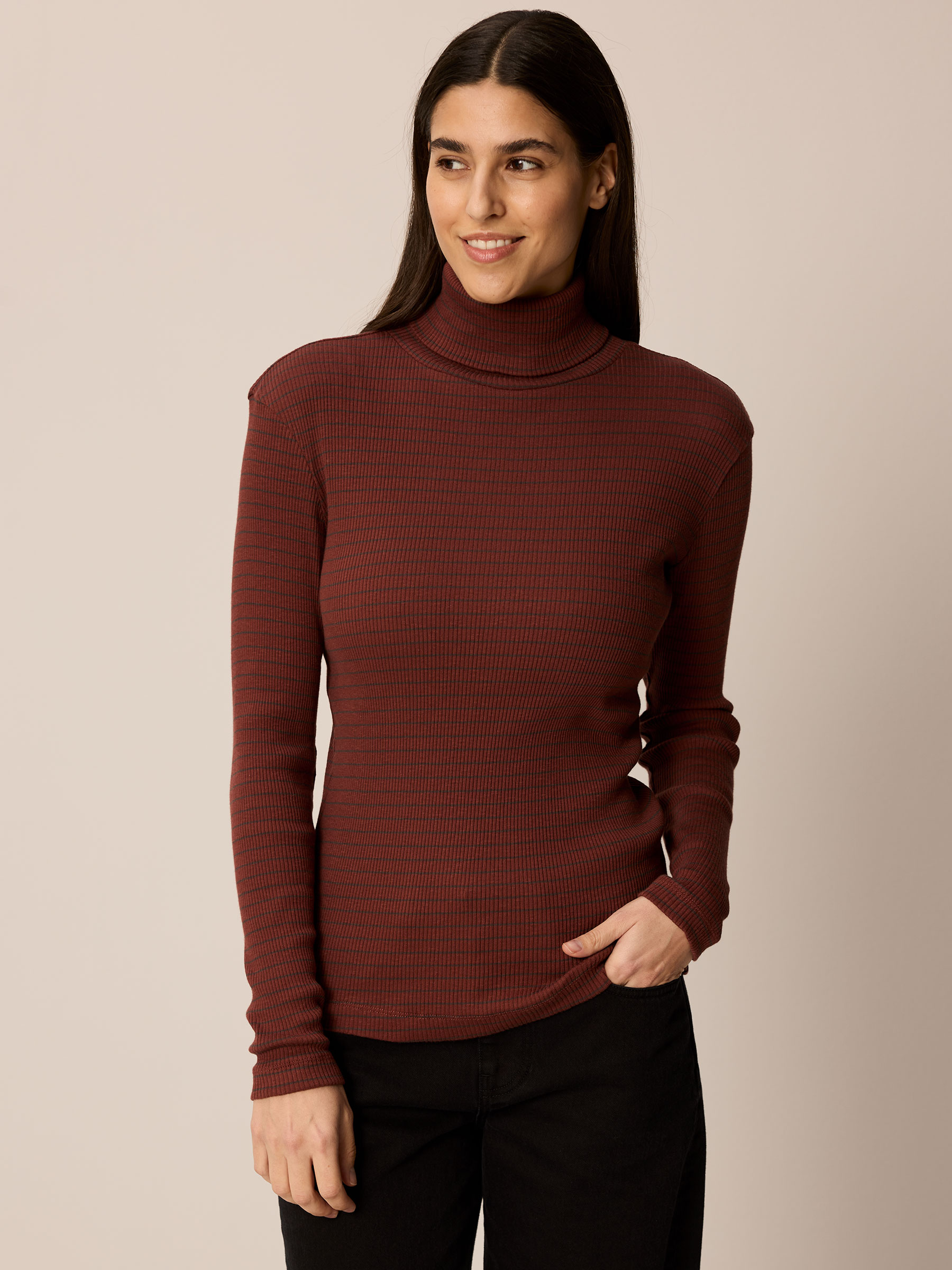 Rollkragenshirt aus Bio Baumwolle in maroni/anthrazit ringel S 651128